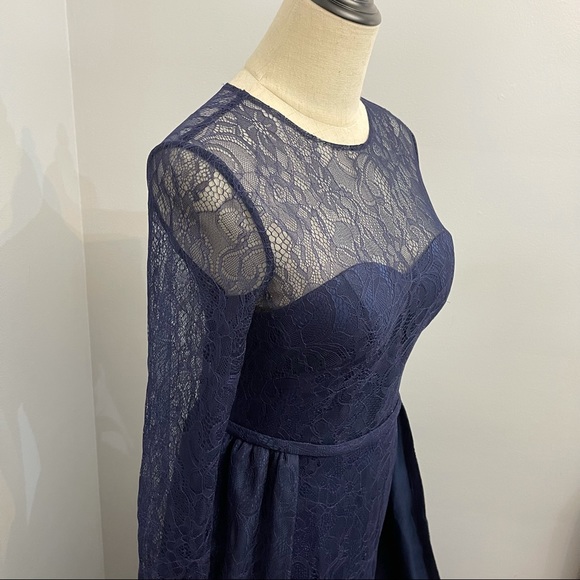 # Mac Duggal Long Sleeve Lace Column Gown With Overskirt - Picture 7 of 16